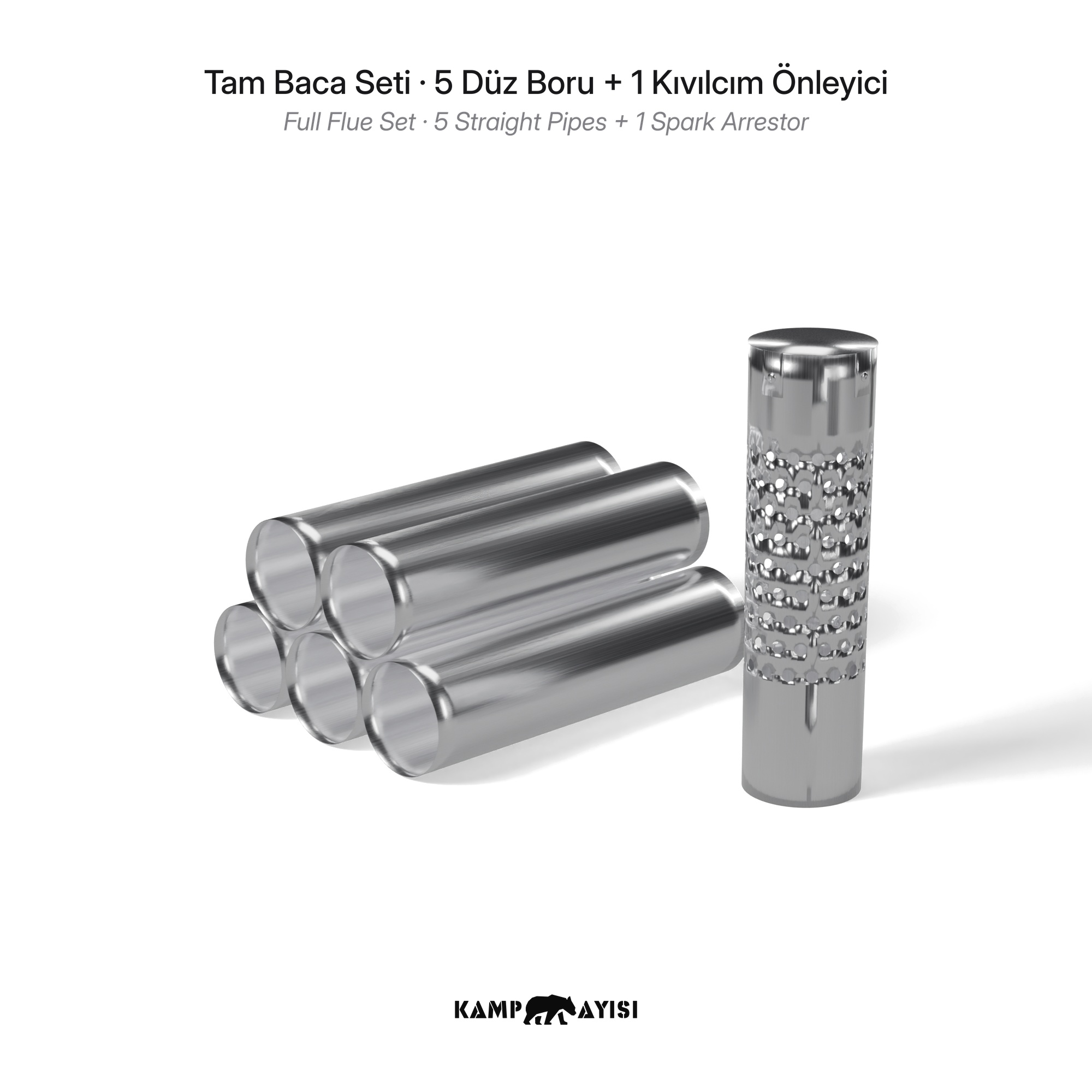 Kamp Ayısı® FlueLine™ Paslanmaz Çelik Soba Borusu 8 cm – Kıvılcım Önleyicili Set Seçenekli 